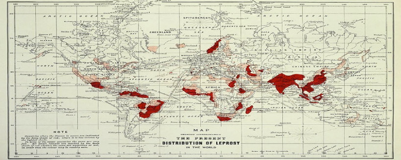 Карта распространения лепры в мире, изданная в 1891 году. Ярко-красными показаны регионы, в которых количество прокаженных исчислялось тысячами.